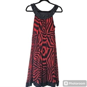 Alberto Makali silk red black print bejeweled dress size 8 FLAW